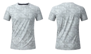 Detail of grey quick-dry T-shirt featuring a modern geometric triangle print on breathable fabric