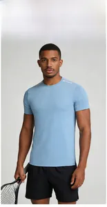 Detail of blue compression sports shirt with reflective stripes and breathable dry fabric
