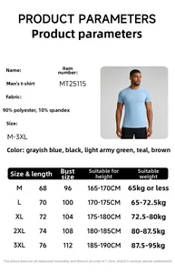 Size guide for men's quick-dry sports t-shirt showing body measurements and material details
