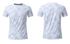 Vue avant et arrière d'un t-shirt de sport pour hommes avec imprimés géométriques gris