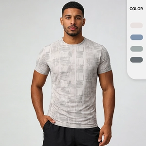 Men T-Shirt Quick Dry Athletic Gym Running Top Short Sleeve Nylon Spandex Geometric Pattern Sportswear