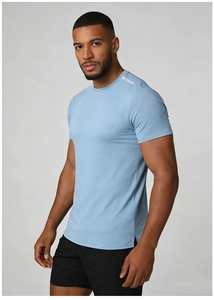 Detail of light blue quick-dry workout t-shirt featuring vertical texture and breathable fabric
