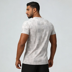 Men's slim fit quick-dry running T-shirt with grey abstract lines shown from the back