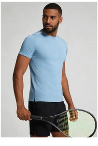 Light blue men's quick-dry sports t-shirt with white shoulder stripes on the model