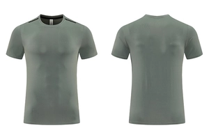 Front and back views of gray-green dry-fit training shirt with mesh texture