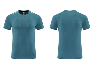Front and back views of teal compression sports t-shirt with white shoulder stripes