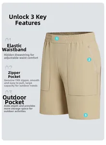 Dettaglio dei pantaloncini sportivi da uomo con vita elastica, cerniera YKK e tasche ampie