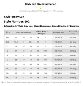 Size chart for men's elastic compression suit showing detailed fit and fabric dimensions
