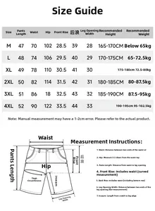 Detailed size guide for men's quick-dry sports shorts from size M to 4XL with measurements