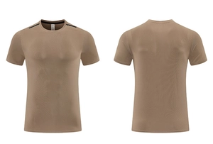 Detail of dark khaki breathable dry-fit fabric with round neck and shoulder stitching