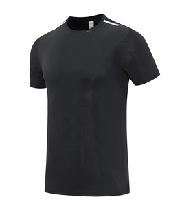 Detail of men's athletic shirt featuring moisture-wicking fabric and white shoulder stripes