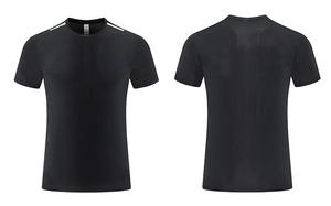 Detail view of black compression gym shirt showing mesh fabric and white shoulder stripes