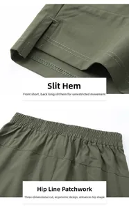 Detail of split hem and ergonomic stitching on army green quick-dry sports shorts