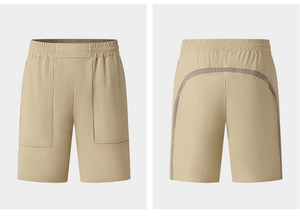 Dettaglio fronte e retro dei pantaloncini sportivi kaki con coulisse e tessuto traspirante