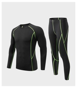 Detail of men's compression set with black stretch fabric and neon green stitching