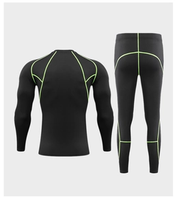 Rear view of black compression sports suit with vibrant lime green contrast stitching details