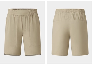 Front and back detail of quick-dry khaki sports shorts with elastic waist and side pockets