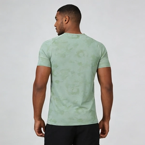 Men's quick-dry running t-shirt with light green marble texture shown from a back view