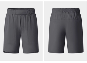 Front and back view of dark grey quick-dry sports shorts with elastic waist for men