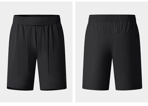 Front and back view of black quick-dry sports shorts showing elastic waistband and texture