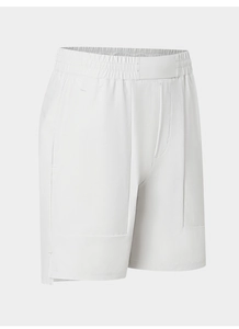 Detail of light grey quick-dry athletic shorts with elastic high waist and side split hem