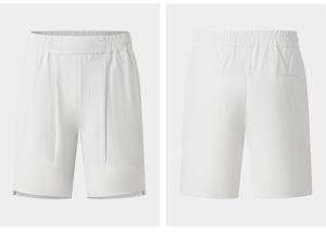 Front and back views of white quick-dry sports shorts with elastic waist and cargo pockets