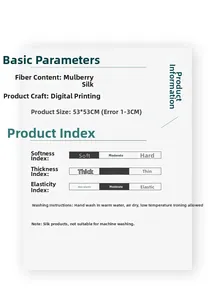 Detailed spec sheet for 100% mulberry silk scarf showing size 53x53cm and care guide
