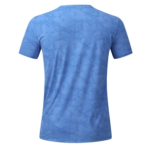 Rear view of blue men's quick-dry sports T-shirt with geometric textured fabric design