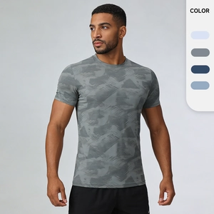 T-Shirt De Sport Pour Hommes Séchage Rapide Respirant Nylon Spandex Imprimé Géo Camo Col Rond Fitness Haut