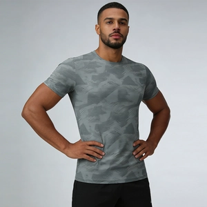 T-shirt sport pour hommes séchage rapide à motif camouflage gris pour fitness