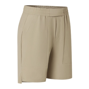 Men's khaki ice silk quick-dry sports shorts with elastic waist and side slit details
