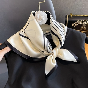 French style striped silk square scarf with camellia brooch and satin finish
