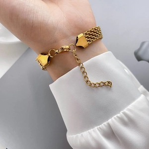 Detail of vintage gold-plated scale chain bracelet with extension and lobster clasp