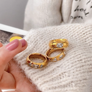 Gold Plated Titanium Steel Wide Band Ring With Geometric Cubic Zirconia Minimalist Chic Jewelry For Women