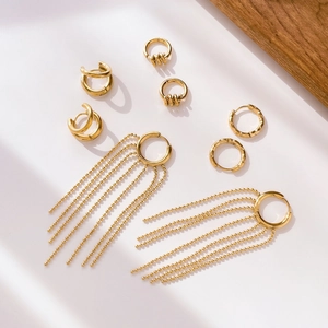 Geometric Hoop Earrings Titanium Steel Gold Plated Hammered Texture Bead Tassel Minimalist For Women