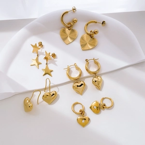 Heart Star Dangle Hoop Earrings Titanium Steel Gold Plated Zircon Hollow Diamond Cut Korean Sweet Elegant Women Jewelry