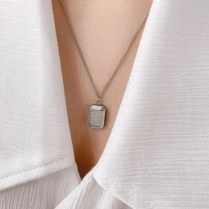Checkered pave zircon rectangle pendant necklace with delicate silver chain for women