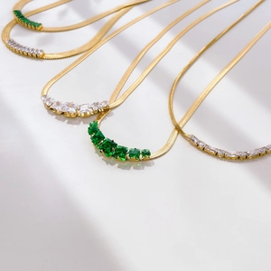 18K gold plated herringbone chain necklace with emerald and white zircon accents