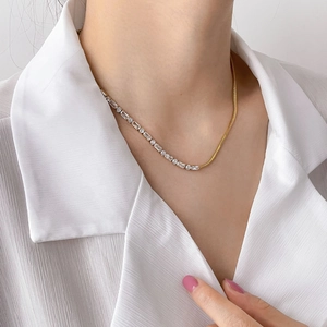 Sparkling zircon patchwork snake chain necklace in 18K gold plated titanium steel