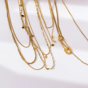 Stainless Steel Layered Necklace Gold Plated Minimalist Multi Layer Moon Rhombus Safety Pin Pendant Chic Jewelry Women