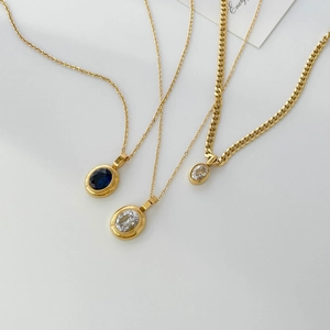 Pendant Necklace 18K Gold Plated Titanium Steel With Oval Blue Sapphire And White Zircon Geometric Vintage For Women