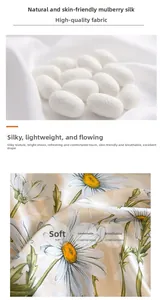 Detailed macro view of 100% mulberry silk fabric featuring elegant daisy print and cocoons