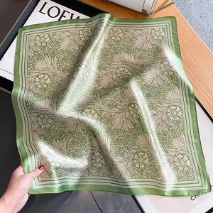 Elegant floral silk square scarf in olive green with vintage William Morris style pattern