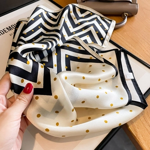 Polka dot and chevron pattern silk square scarf with elegant yellow and black print