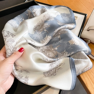 Floral silk square scarf with chrysanthemum print and elegant satin luster for women