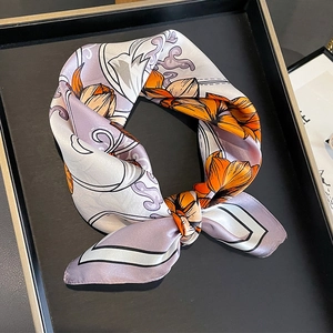Elegant Women Square Scarf Mulberry Satin Floral Print Fashion Necktie Hair Band Accessory Satin Gloss