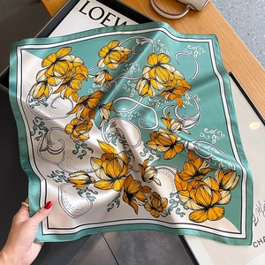 Green and cream floral printed silk square scarf with vintage yellow flower patterns