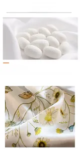 Detailed view of mulberry silk fabric featuring daisy and bird prints with raw cocoons