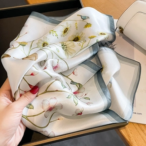 Silk-feel square scarf featuring daisy, cherry blossom and bird prints with grey border