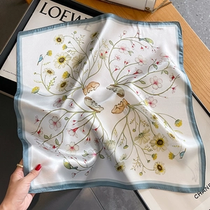Elegant silk square scarf with rabbit and floral prints in soft pastoral style